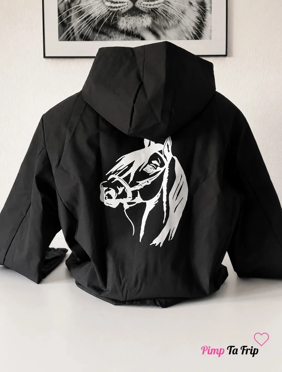 Coupe-vent noir à capuche motif cheval dos 100 % polyester homme XXL neuf